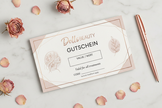 Eleganter Beauty-Gutschein von DOLLSBEAUTY im Rosé-Design - perfektes Geschenk für Wimpernverlängerung, Permanent Make-Up und Kosmetikbehandlungen.