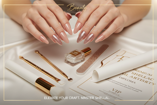 Shellac Schulung im Beauty Studio mit professionellem Maniküre-Set, gepflegten Nägeln in Nude- und Glitzerdesign, Nagelfeile, Nagelwerkzeugen, Shellac, Flasche und Zertifikat für Naildesign Ausbildung